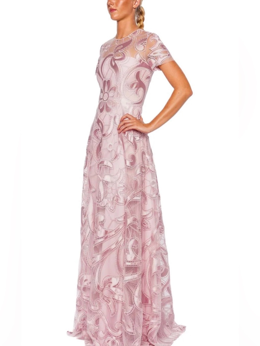 Naeem Khan Blush Pink Embroidered Lace Maxi Gown